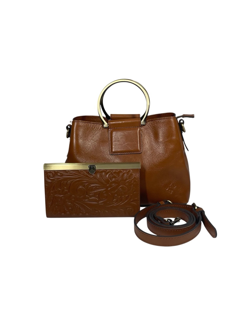 Patricia Nash Empoli Crossbody Satchel Bag Purse & Tooled Cauchy Wallet Brown